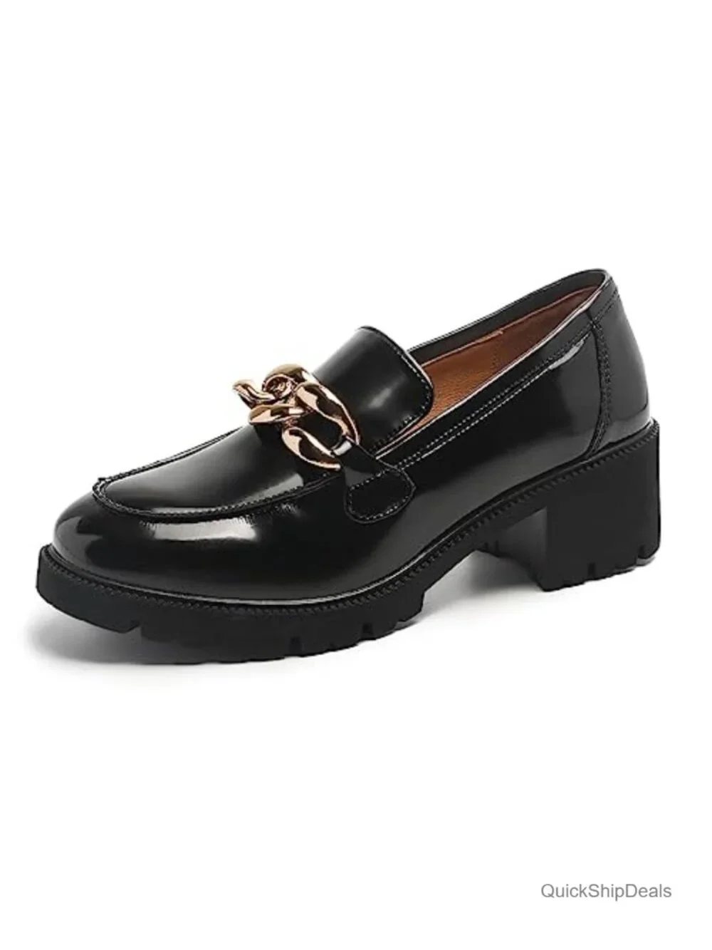 Chunky Platform Loafers for Women Slip-On Faux Leather with Chain 1.97in Heel